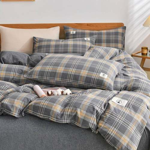 简约风全色织水洗式棉四件套日格子棉UKS学生件宿舍三套床单被套