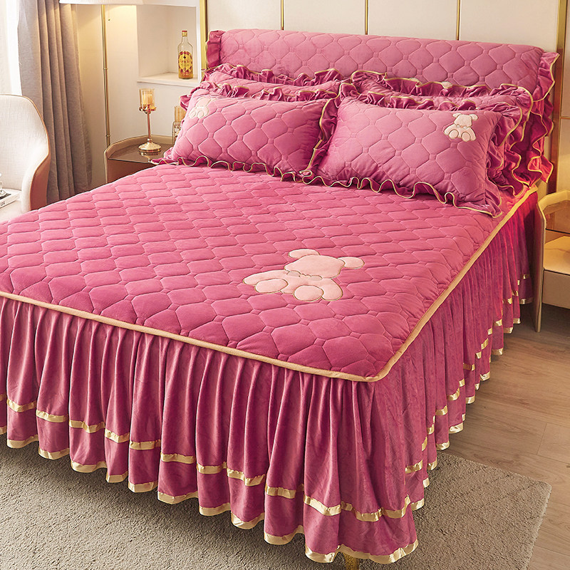 纯色加厚水晶绒夹棉床裙床罩单件加绒牛奶珊瑚绒床围裙床头套冬季