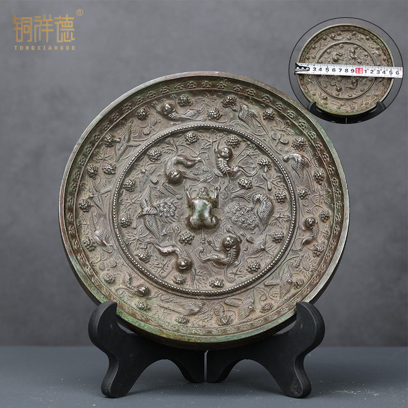 汉唐铜镜黑漆古圆形铭文五兽图案海兽复古铜镜家居摆饰鉴赏收藏