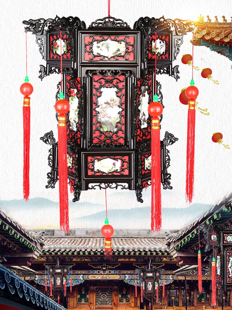 仿古六角塑料宫灯新年春节大红灯笼结婚元旦元宵节日喜庆装饰灯笼