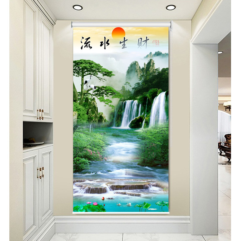 高端定制迎客松山水玄关门隔断帘遮光防水免打孔手拉式升降卷窗帘