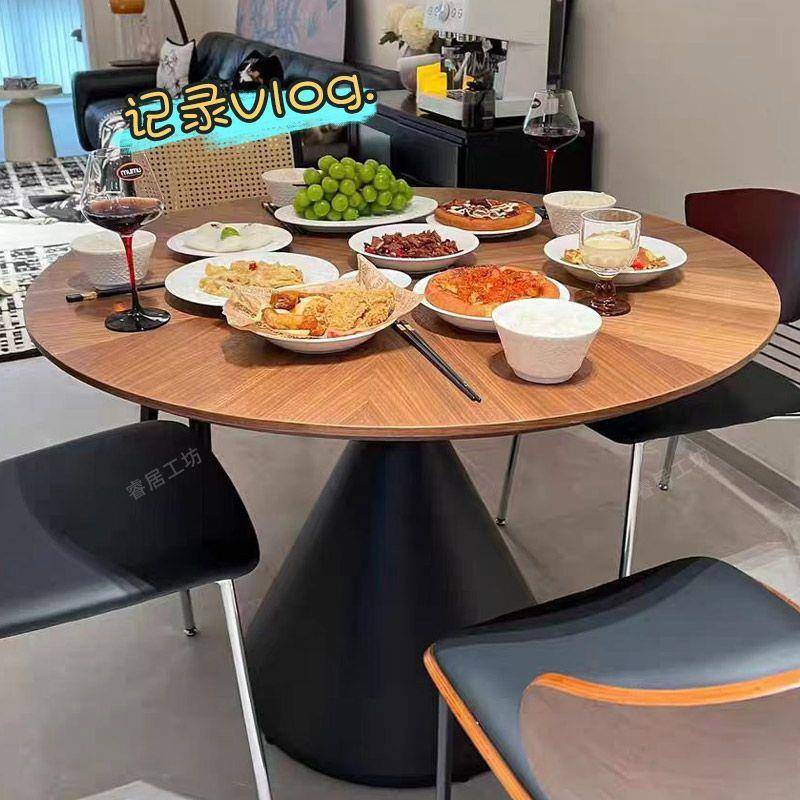 中古风实木餐桌合碳素钢圆椅组形桌轻奢圆桌户带转盘家用NIU小型