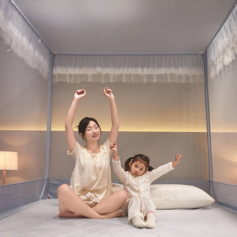 蕾丝花边儿童防摔蚊帐蚊帐家用1米8床三开门方型文帐a类加密纹帐