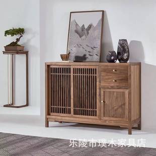 新中柜黑胡桃茶室储物边柜餐餐边柜储物厅简约实式 木客ETH厅家具