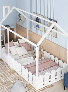 全实儿童树屋床女孩宽公主床落地NHT床女加宝宝拼童接木床带护栏