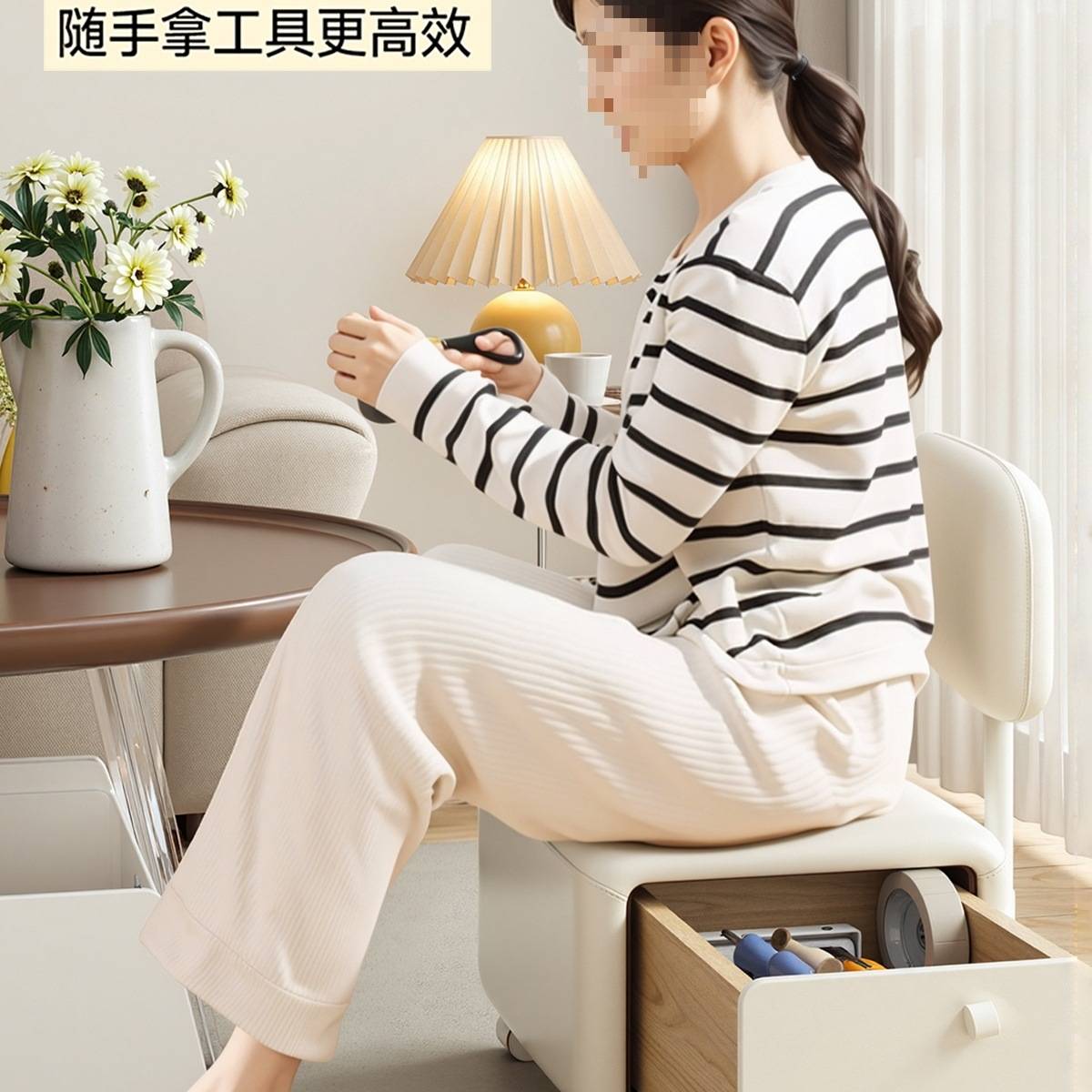 万向轮小凳子家用滑轮矮凳奶油风储物凳收纳凳带娃客厅儿童靠背J^