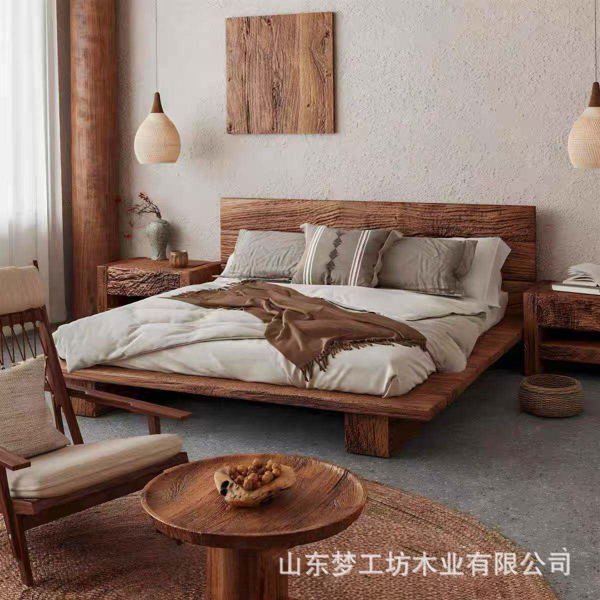 中式禅意老榆木床酒店民宿老榆木双人床单人床仿古卧室床婚床