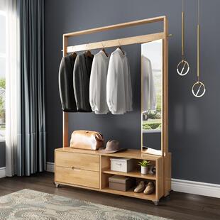 实木衣帽可架卧室动带柜加子加粗厚挂衣架带镜子一体HTK收移纳镜
