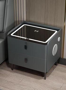 线实智能床柜木皮质卧IGU室床头头柜轻奢床边柜无充指纹锁储物柜