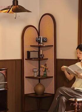 实木客厅复古沙角墙发柜JOJ边藤编置物架子中古卧室拐角三角柜收