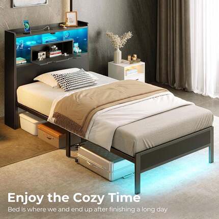 爆架款床带充电站单YJS人床带LED铁灯床头板单双人架床