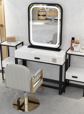 美发店实木台PMU网红镜带灯发柜子一体带理灯镜影楼化妆镜台