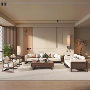 ?中古风新中式宋氏美学实木沙发组合酒店客厅极简布艺家具现货定