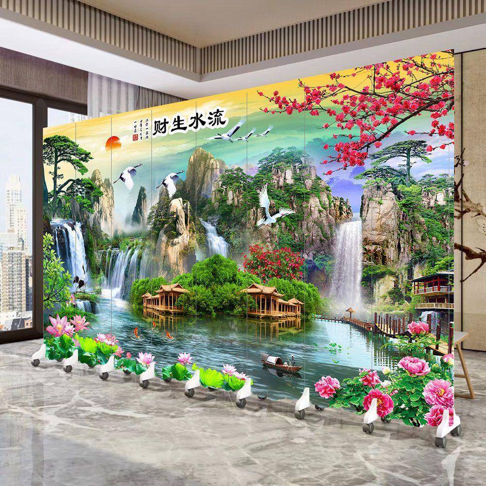 屏风隔断墙流水生财风景玄关山水国画会议办公室瀑布饭店酒店聚财