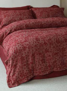 A类高端中式风结婚红色60s色织浮雕提花纯棉四件套全棉新婚庆婚嫁