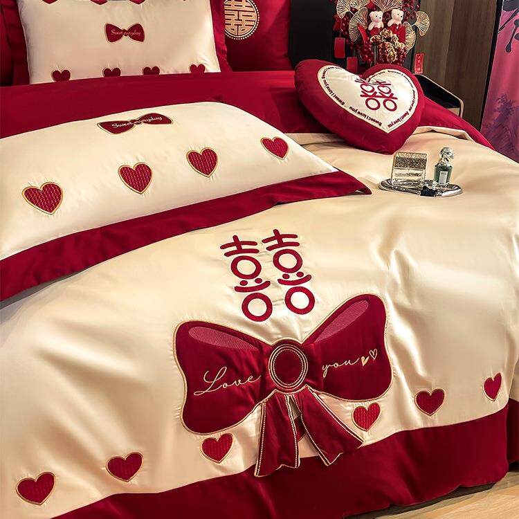主结婚四件套新婚床上用FS757683风品红色喜公庆100支六长绒棉抱