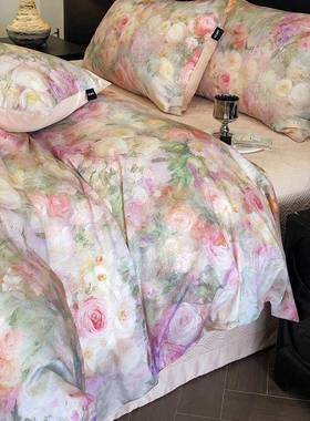 法画式田印园油风1ZK00支纯棉贡缎长绒棉四件数码花套床上用品