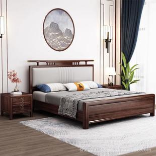 新中式 实木床乌金木双主卧婚床储1..5米18软包靠背卧室人高2035