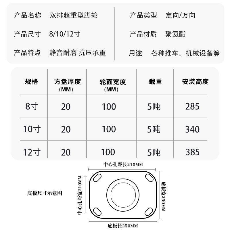 车超重型双TWH排轮聚氨酯铸铁质6/8寸3吨5吨周转材用大承重万向脚