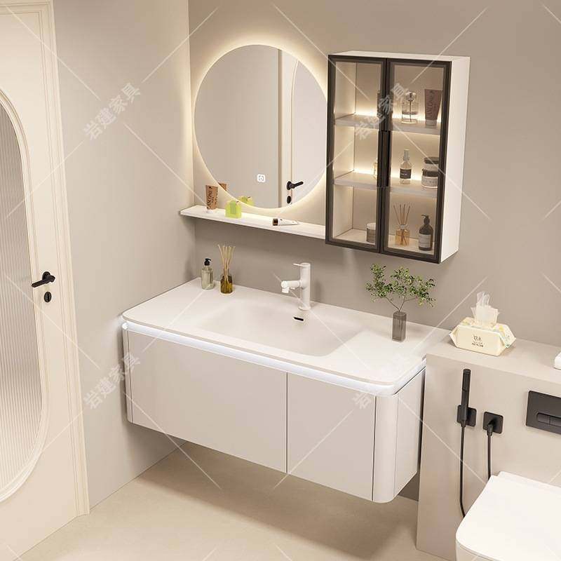 工厂直销法式奶油风圆弧陶瓷一体盆洗脸洗漱台实木智能组合浴室柜