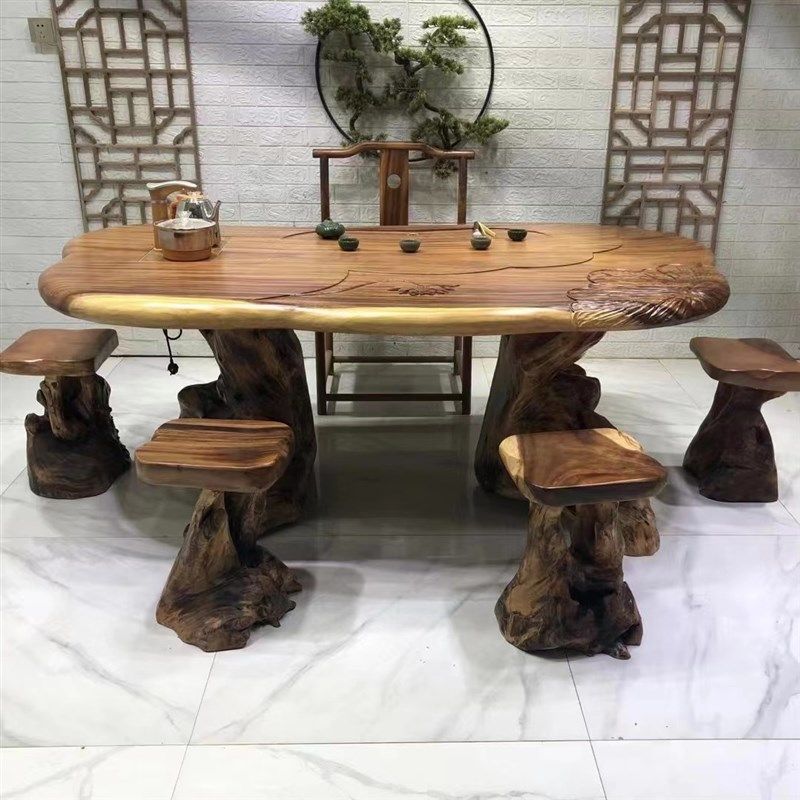 南美胡桃木根雕茶台阳台款小空间茶桌实木田园风原木整装泡茶桌子