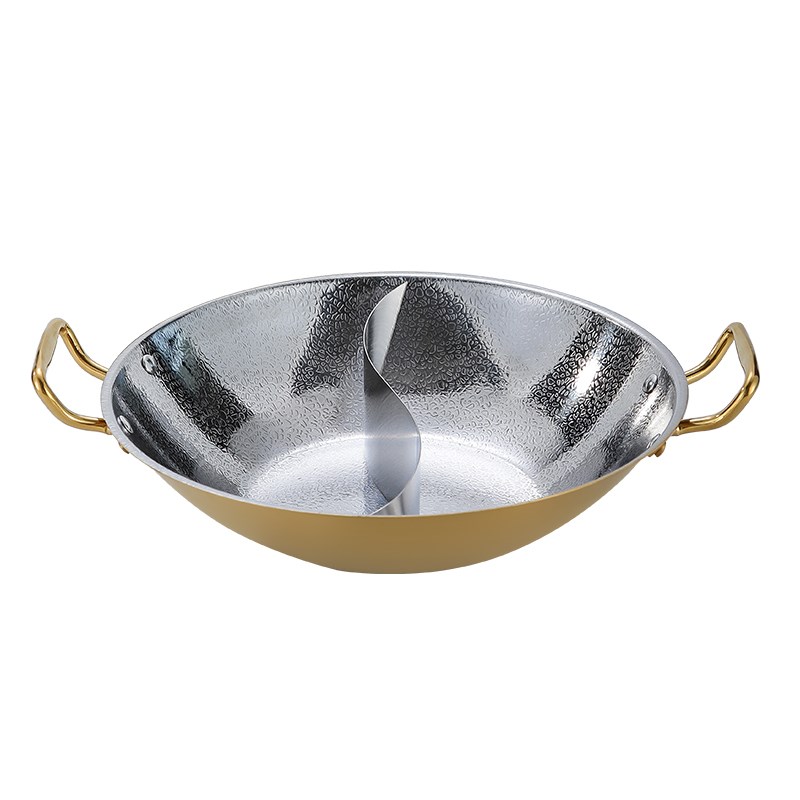 金色不锈钢鸳鸯火锅盆商用重庆麻辣红汤火锅电磁炉燃气灶三层钢