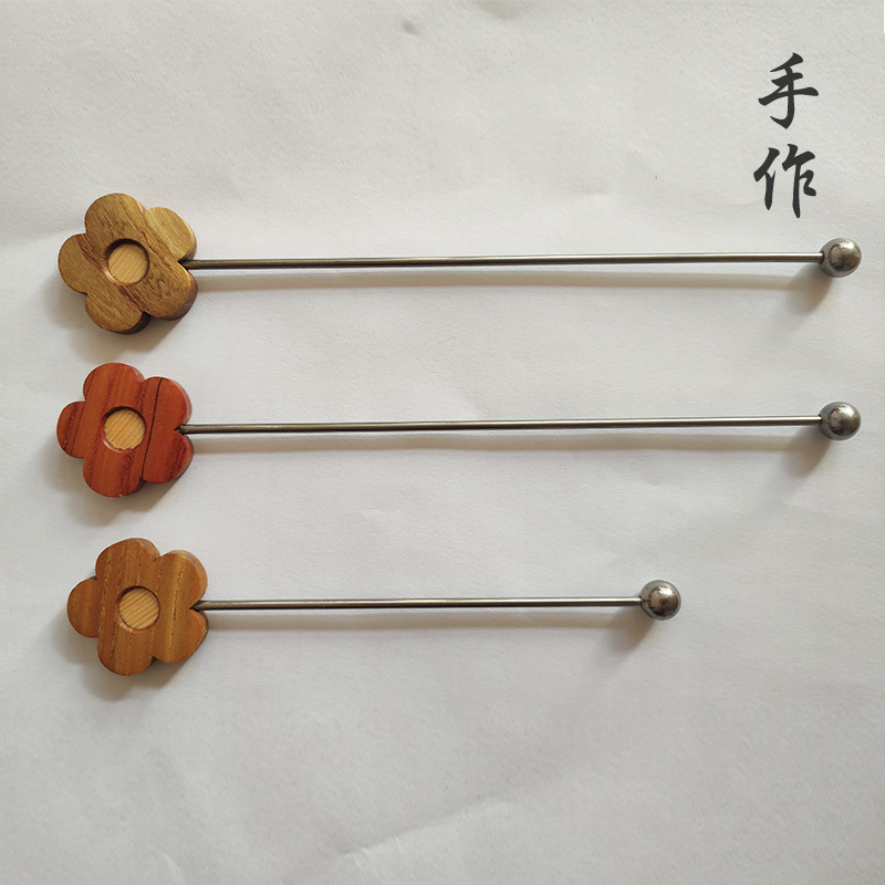 卯木实木手作搅拌棒咖啡勺子搅拌勺调酒棒不锈钢长柄加长可爱花朵