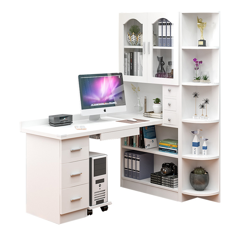 实木转角书桌书架家用简约电脑桌带书柜学生写字桌学习一体桌