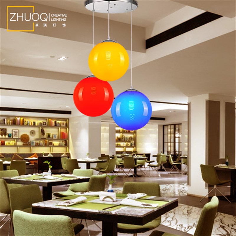 彩色圆球餐厅吊灯现代简约三头LED酒吧灯过道餐饮吧台幼儿园灯具