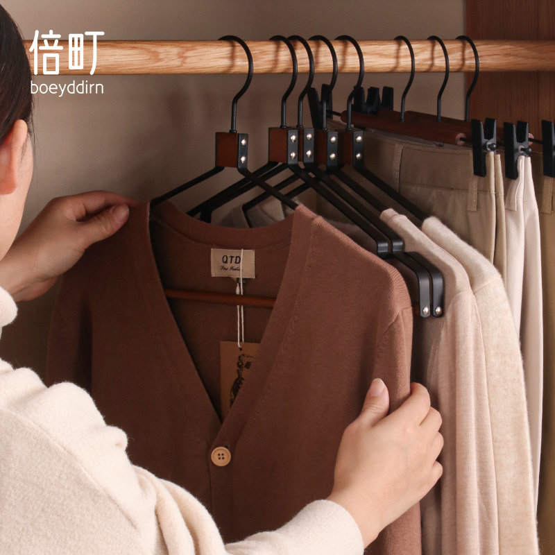 多功能经典款原木榉木铁艺衣架金属实木衣挂设计师款裤挂衣柜衣架