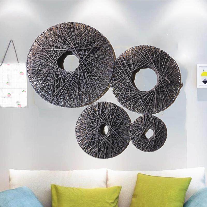 创意仿真花艺 家居客厅墙面壁饰壁挂 麻绳圆环墙上装饰橱窗摆件