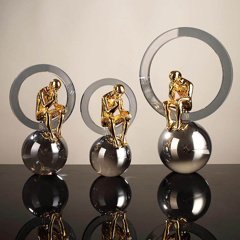 现代人造水晶思考者轻奢创意几何设计感工艺品家居样板房装饰品摆