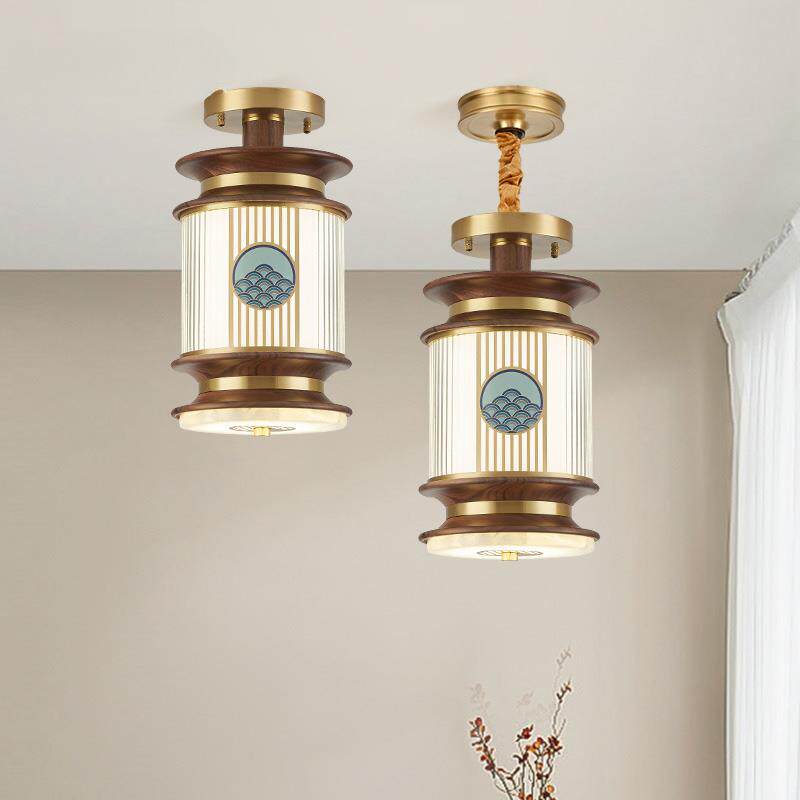 【海纳百川】新中式全铜过道灯黑胡桃实木阳台灯吸吊两用玄关灯具