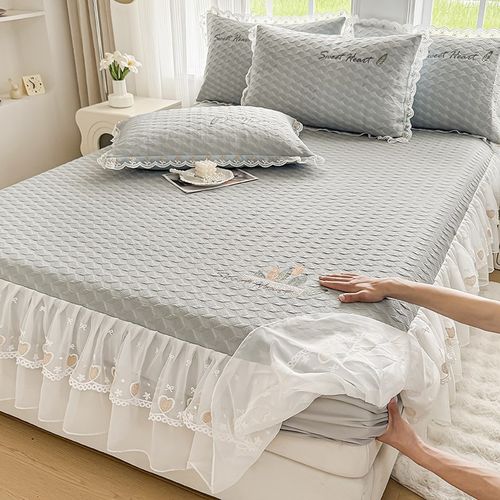 夏季凉感冰丝凉席三件套床裙床笠二合一蕾丝花边床罩空调席可机洗