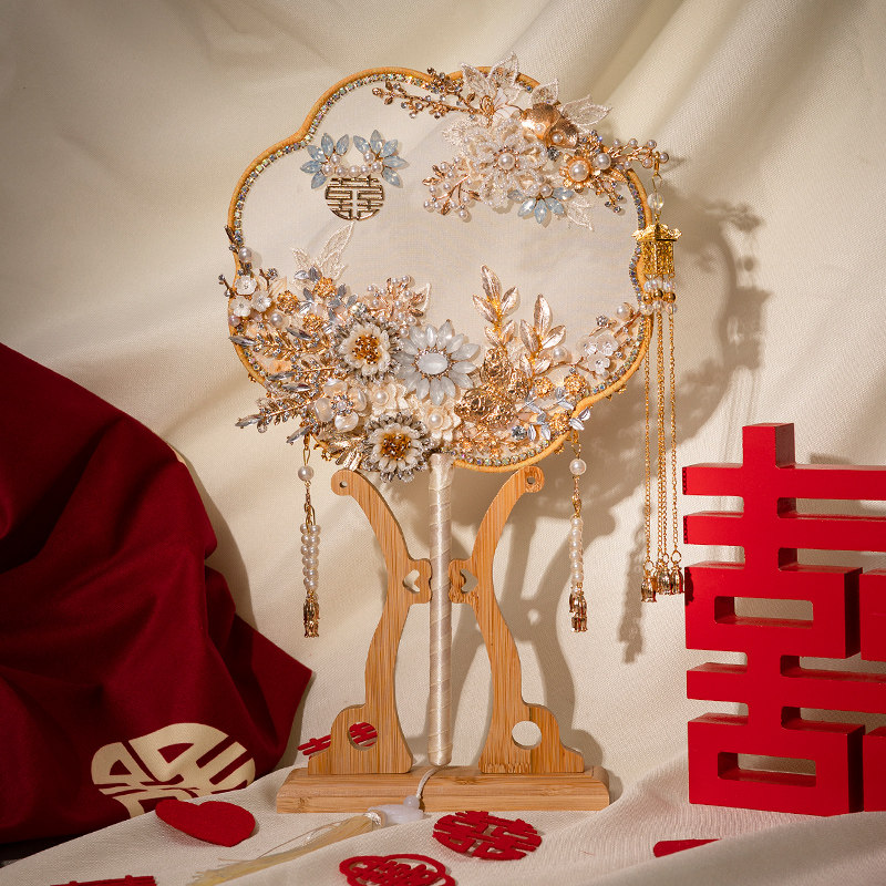定制新娘中式婚礼团扇古风秀禾服扇子手捧花扇DIY材料包结婚喜扇