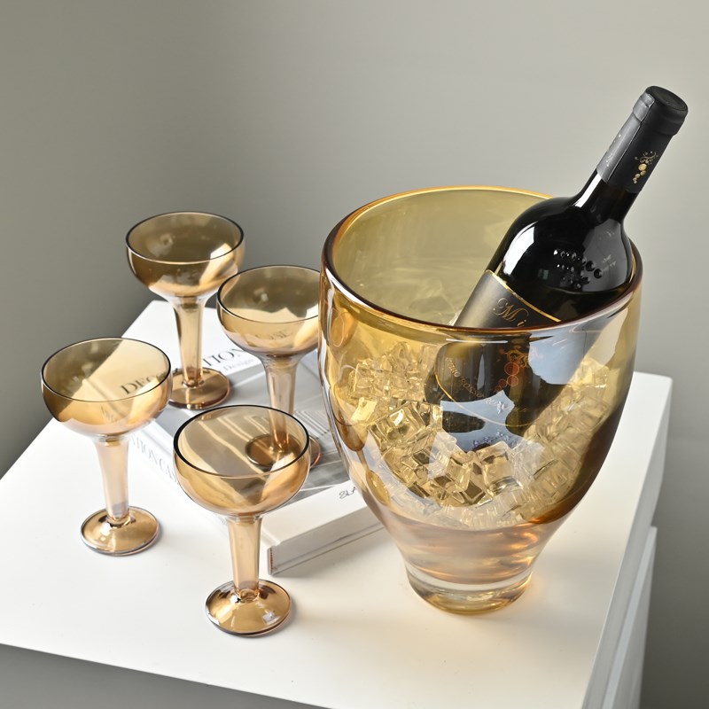 琥珀色玻璃高脚杯香槟杯冰桶酒具套装样板间茶几桌面装饰酒桶摆件