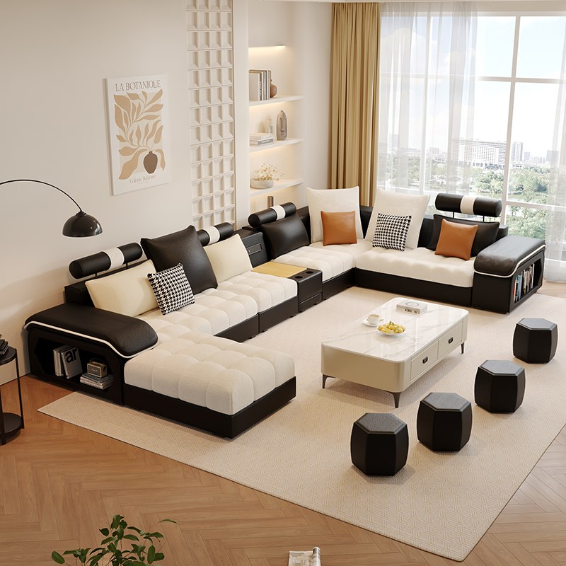 新意式极简猫抓皮艺大户型客厅U型贵妃沙发简约棉麻转角沙发