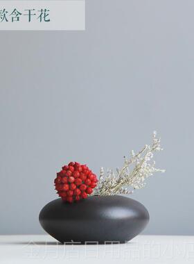高档黑色复花古陶瓷小花瓶禅意器摆件花干花插餐公桌办桌软装饰品