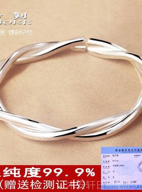 正品烙刻简丝口约手工饰绞复银古麻花999银手镯女个性时尚开纯银