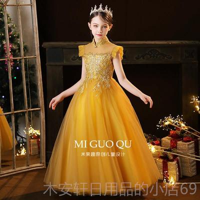正品女童晚礼服奢小琴众走秀公主裙轻黄色主持人古出筝钢儿童演服