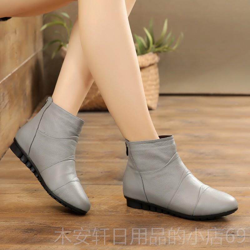 正品妈妈秋冬加绒短靴真皮软底靴中老年鞋超软鞋女牛皮防滑平棉底