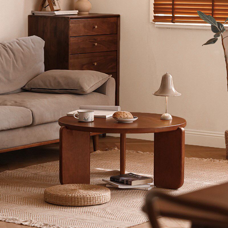 愫墨定制北美樱桃木柚木色黑色中古茶几实木原木客厅圆圆桌矮桌