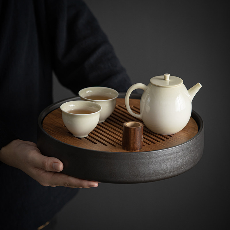 小型家用茶台办公桌重竹茶盘蓄水茶托盘沥水圆形茶海干泡台一人用