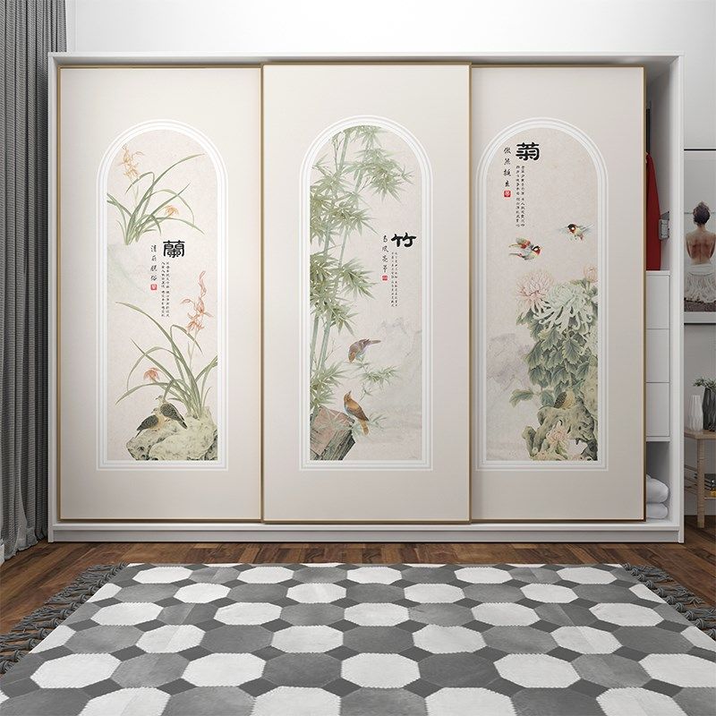 中式梅兰竹菊花鸟图卧室衣柜推拉门贴纸玻璃移门改色贴膜防水防潮