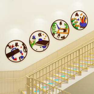 幼儿园楼梯墙面装饰琴棋书画传统文化布置班级教室环创主题墙贴3d