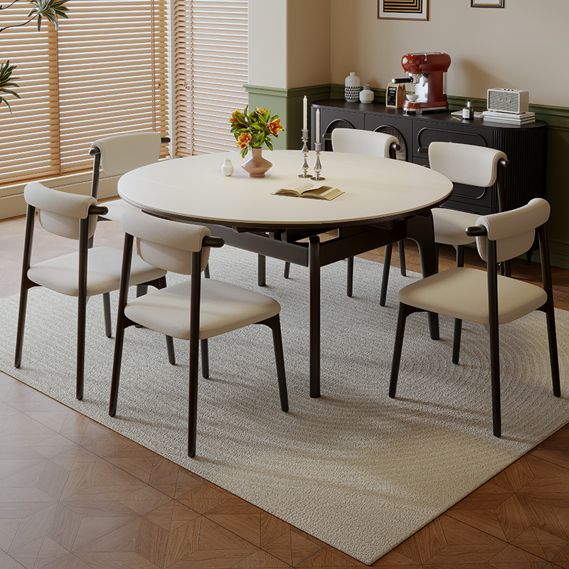 复古黑色可伸缩岩板餐桌可变圆桌法式实木折叠两用饭桌小户型家用