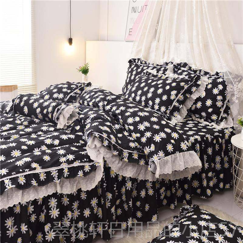 正品水洗棉四套碎花公主风全蕾丝花边田园件复古上棉纯棉床裙式床