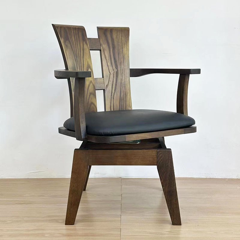 出口实木转椅做旧复古深色黑胡桃色水曲柳餐椅扶手椅电脑书桌椅木