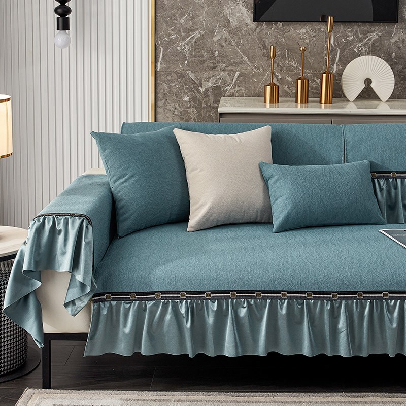 高端欧式沙发垫蕾丝花边防滑沙发坐垫子简约雪尼尔沙发罩墨绿色