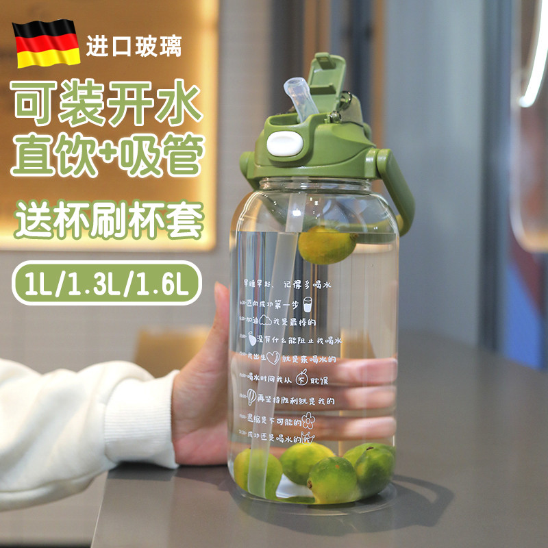 进口大容量玻璃杯1000ml耐高温女士便携外带双饮带吸管大号水杯子